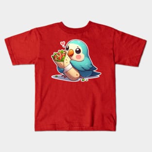 cute love birds are eating Mexican specialties, Tacos, Burritos, Enchiladas, Quesadillas, Guacamole, Fajitas, Chiles Rellenos, Tamales, Mole, Chilaquiles, Kids T-Shirt